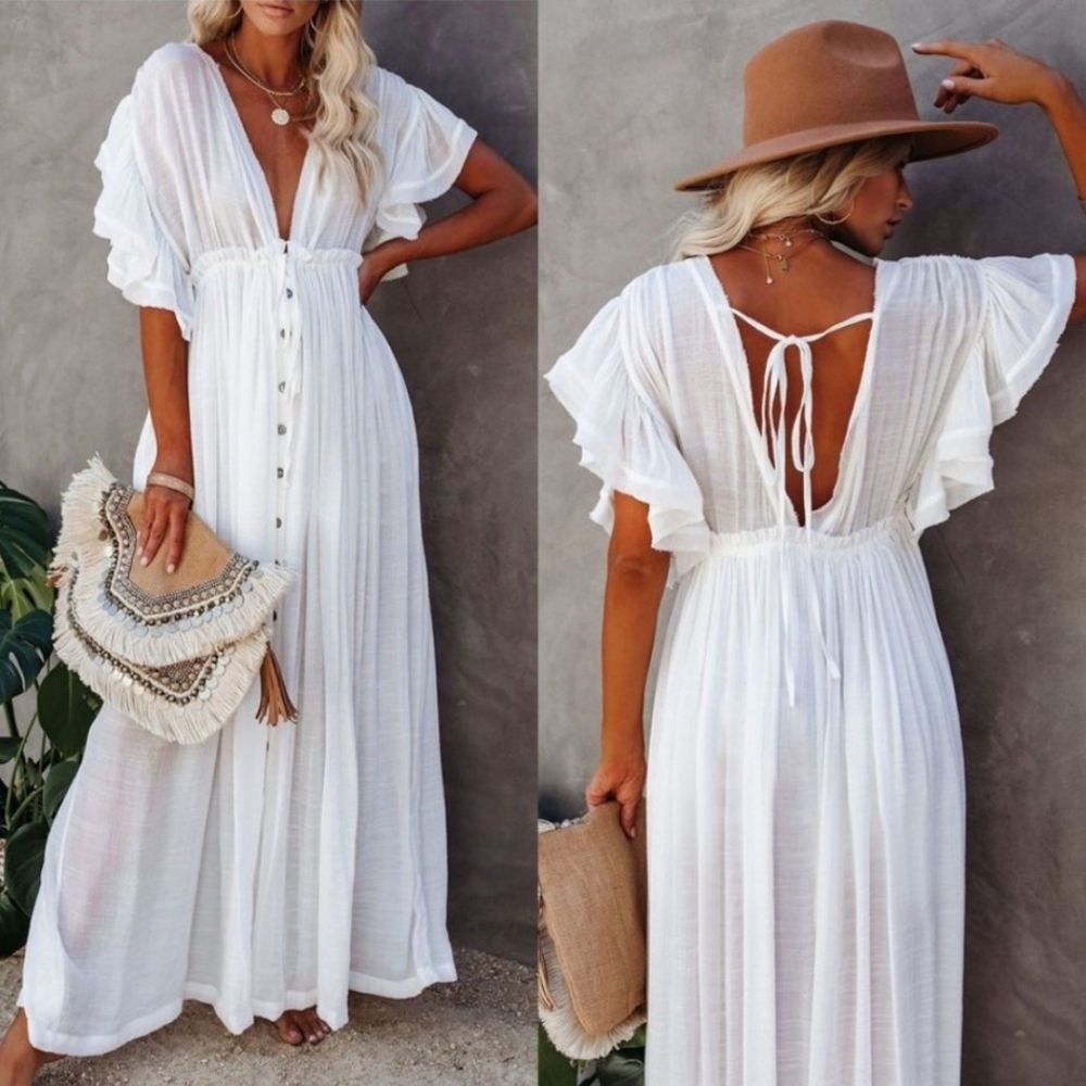New Boho Gauze Maxi Cover Up Flowy Dress White - Picture 10 of 13